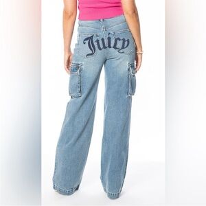 Juicy Couture Women's Wide-Leg Cargo Jeans Blue Size 1/25 Logo Accents on Back